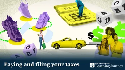 Illustration with oversize shoes, a calculator, dice, a yellow car, dollar symbols, and people appearing to consider financial decisions.