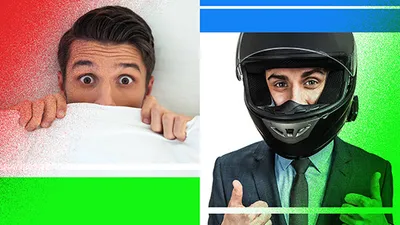 Split image showing a man peeking over a blanket on the left and a man in a suit wearing a motorcycle helmet giving thumbs-up on the right.
